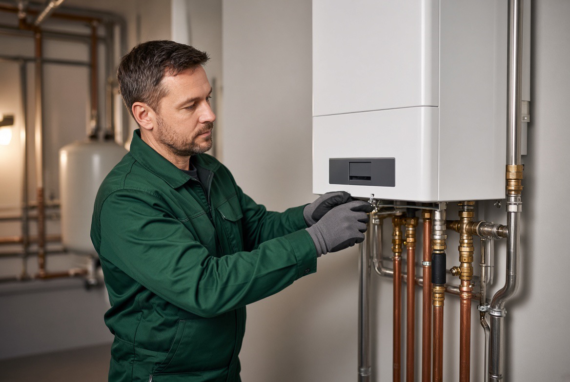 Weber-Haustechnik-Monteur prüft eine Heizungsanlage