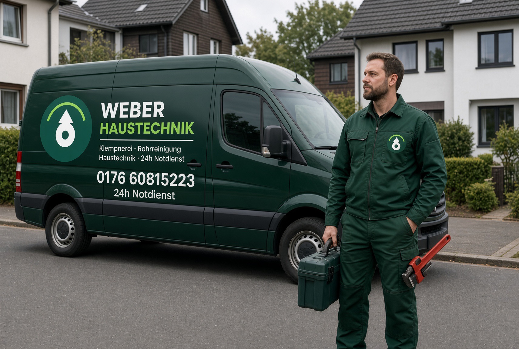 Monteur von Weber Haustechnik vor dem Servicefahrzeug