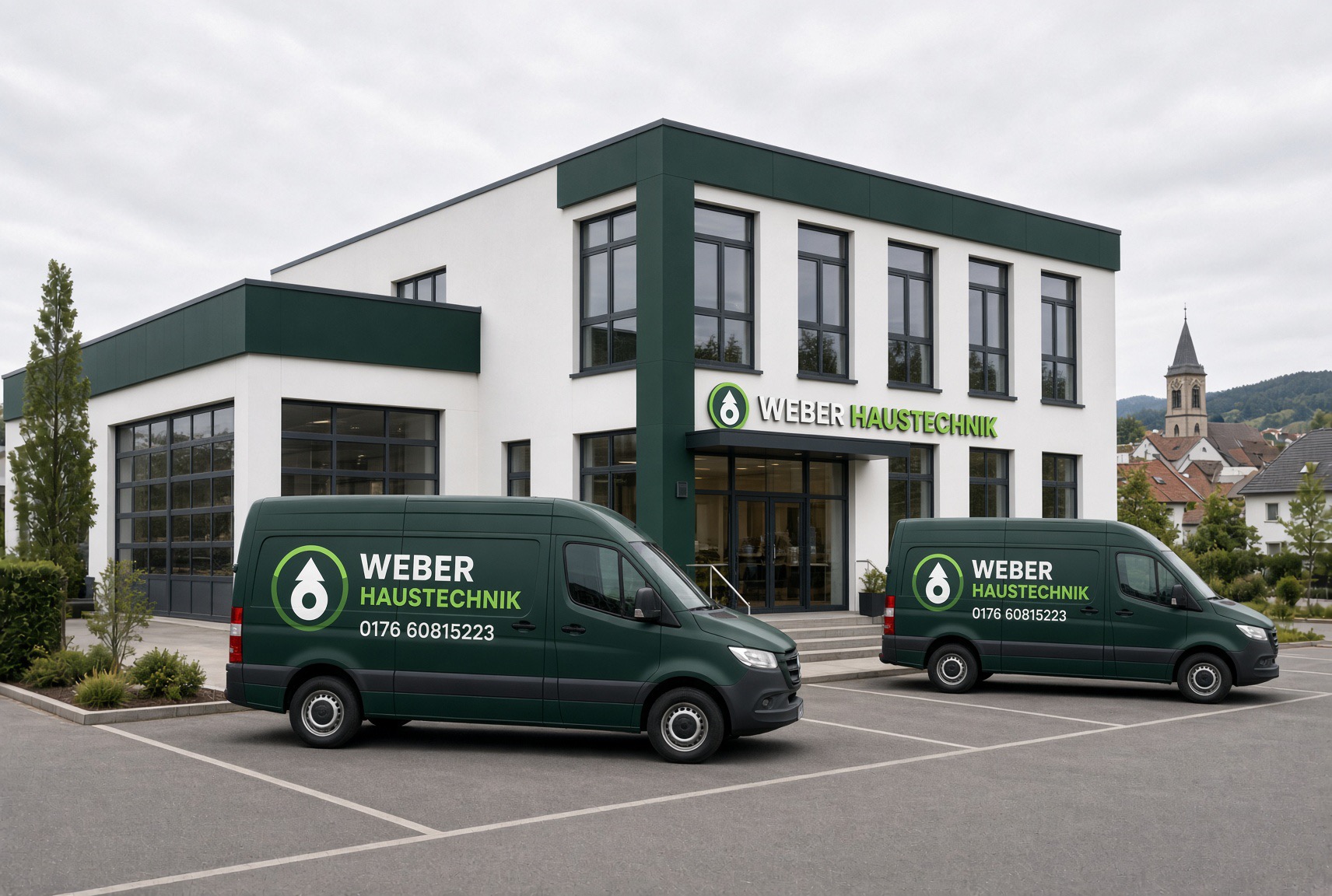 Weber-Haustechnik-Gebäude mit zwei Einsatzfahrzeugen