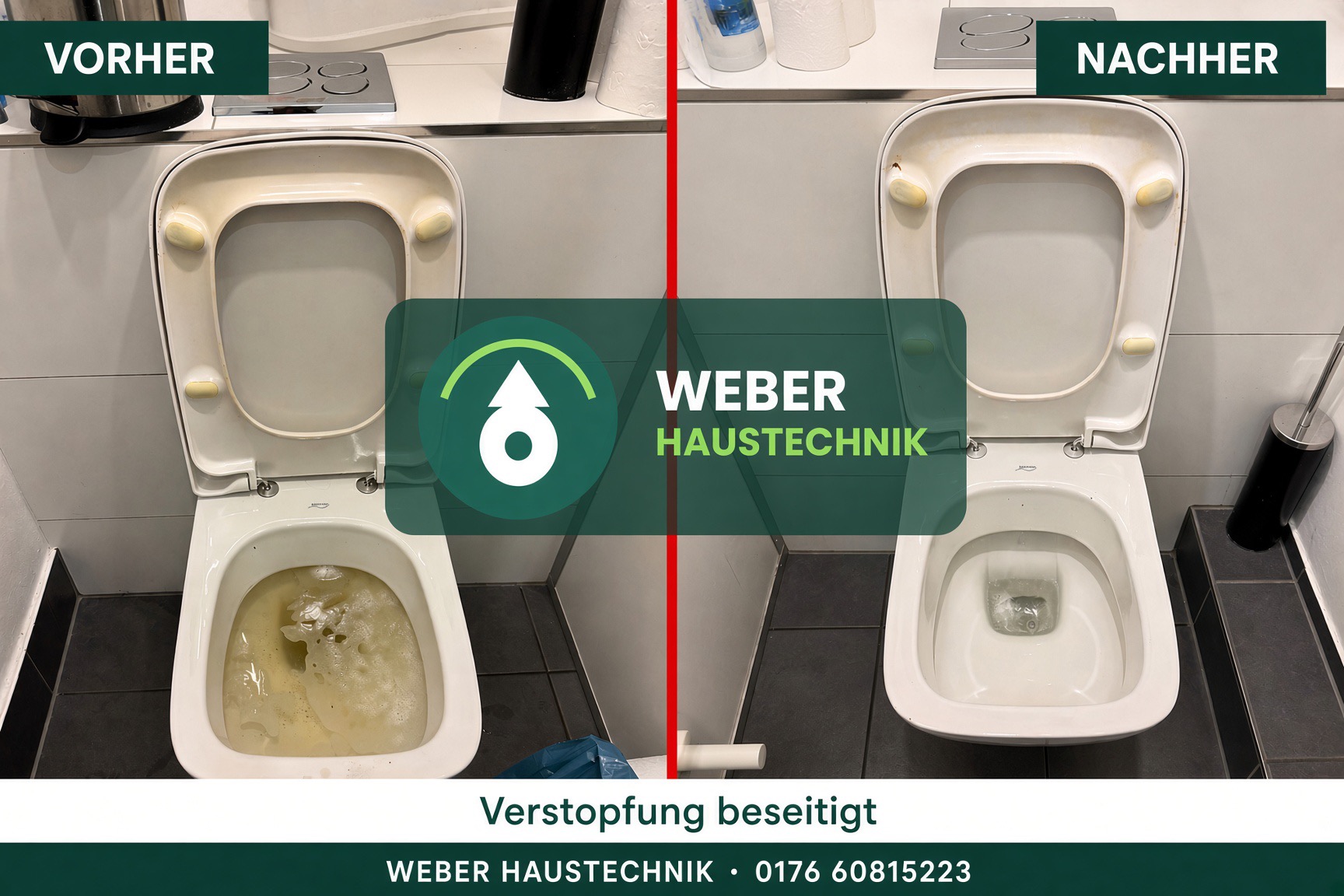 Verstopftes WC vor und nach der Entstopfung
