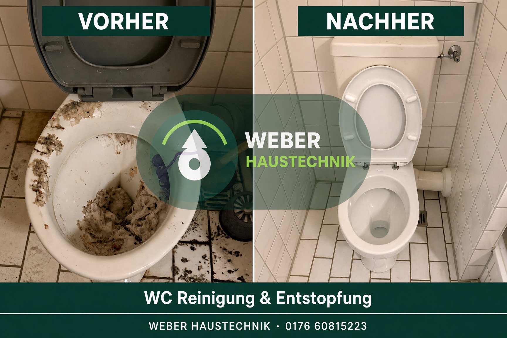 WC vor und nach Reinigung und Entstopfung