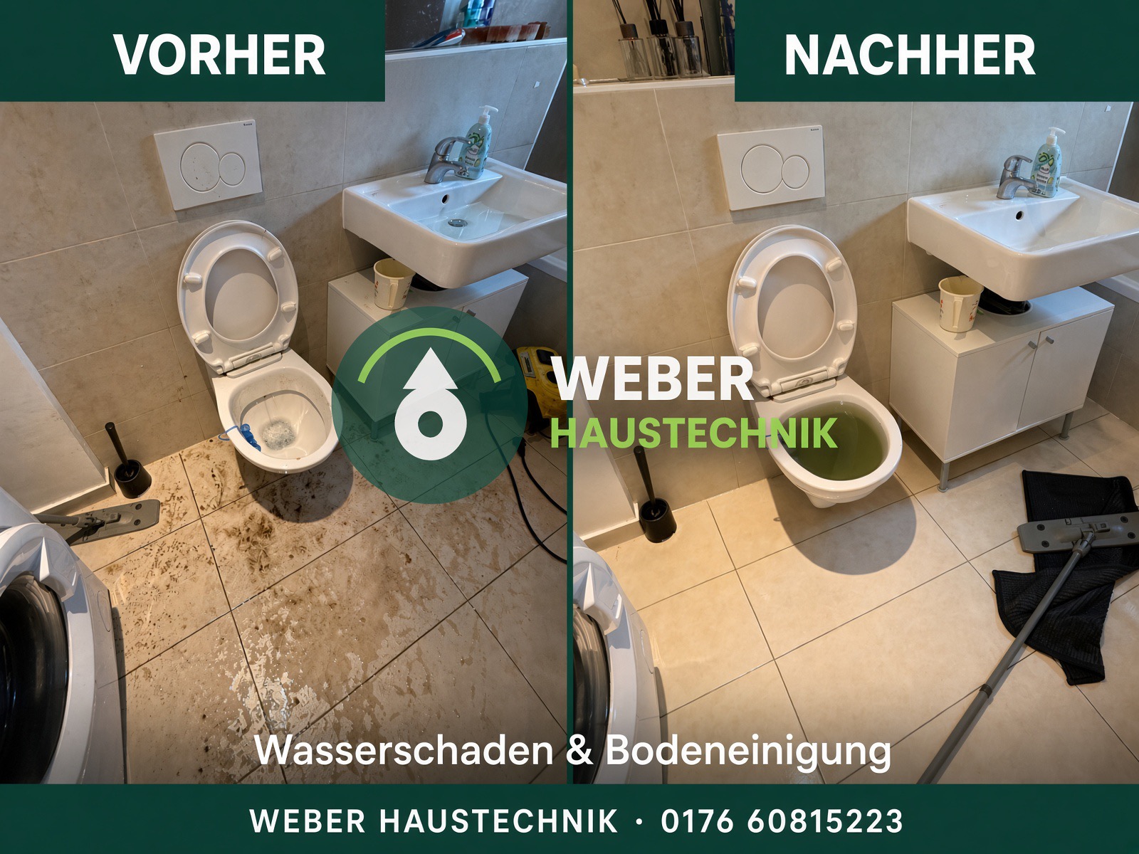 Badezimmer vor und nach Wasserschadenbeseitigung